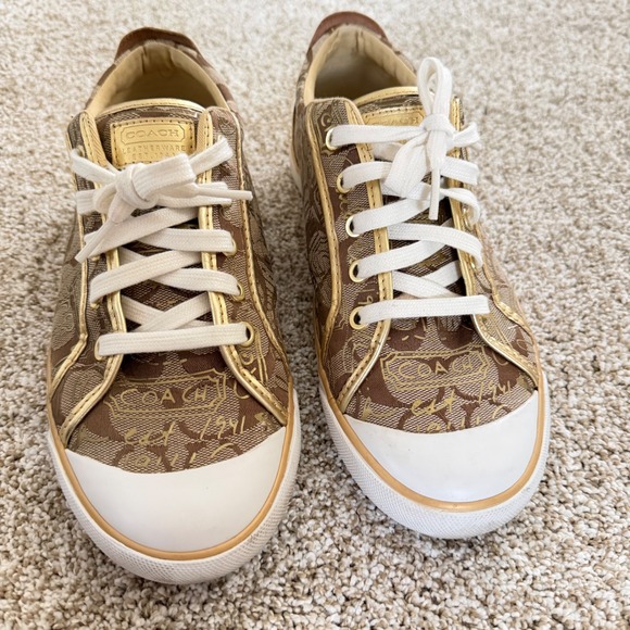 Coach Barrett Signature Monogram Graffiti Low Top Sneakers Gold Metallic 10B - Picture 4 of 11